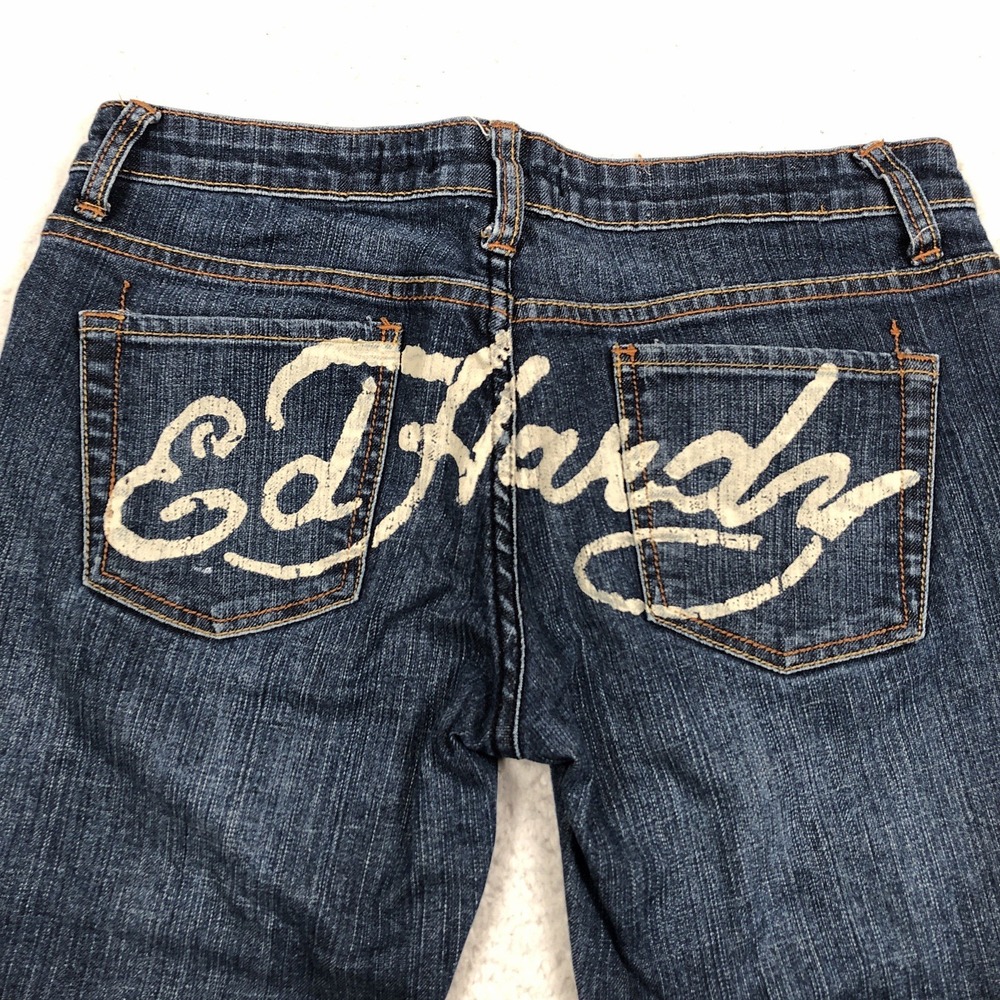 VTG Y2K Ed Hardy Denim Jean Cropped Capri Women 32x22 Raw Hem Spell Out‎ Stretch